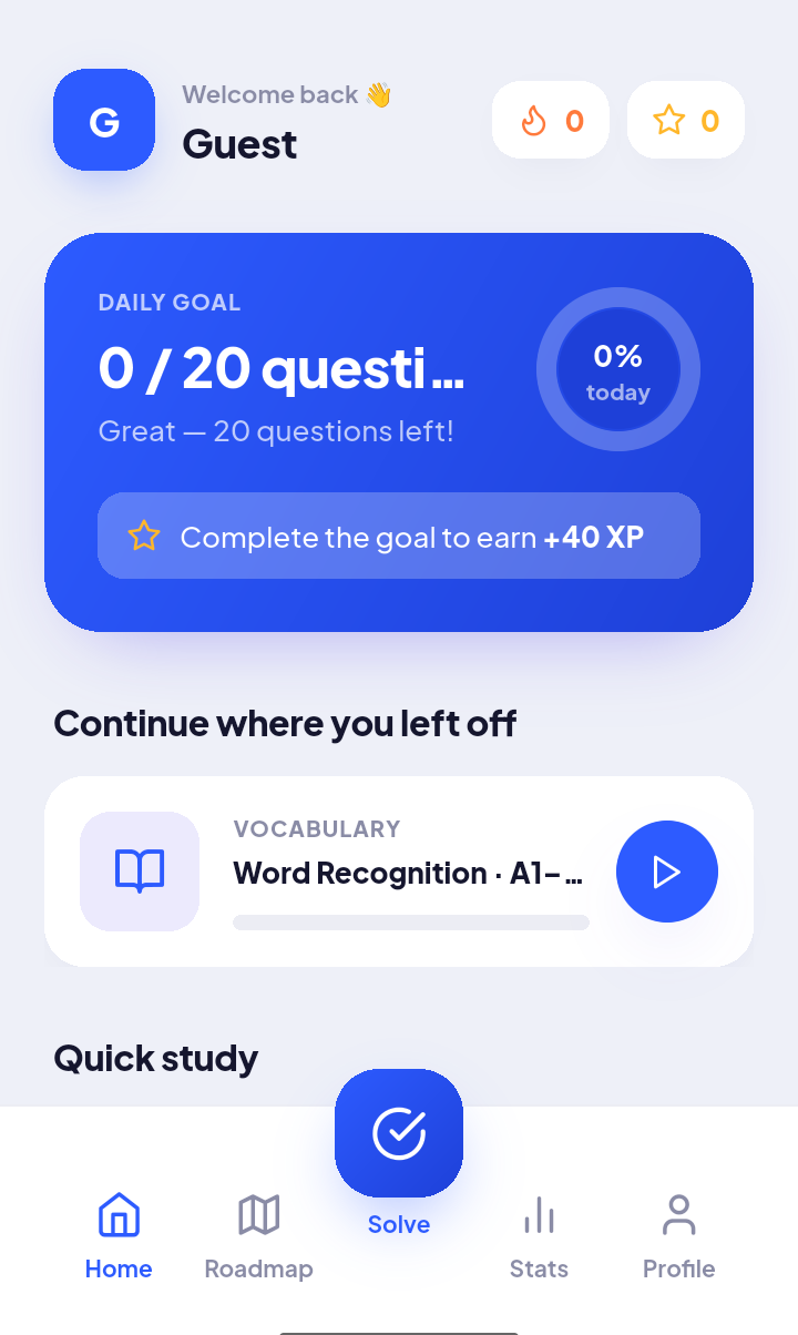 Englora home screen with daily goal, XP and streak